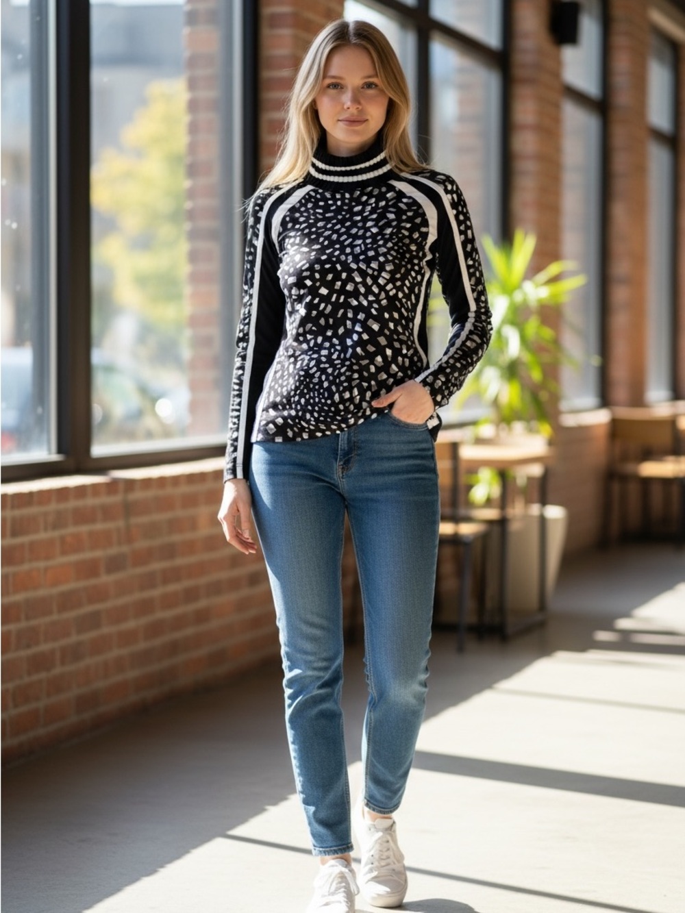 MarcCain Black & White Patterned Turtleneck Sweater